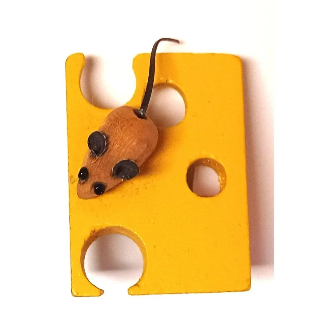Vintage 1996 Handmade Wood Mouse Swiss Cheese Magnet 90s Folk Art Craft Dated